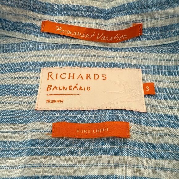 Richards Balneário Linen Button-Up Shirt Blue White Striped Mens Sz 3 M/L Brazil - Picture 5 of 9